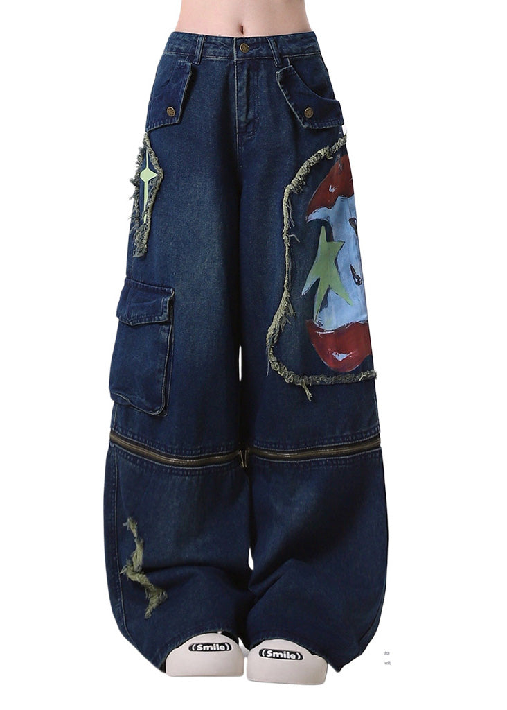 Fitted Navy Patchwork Wear on Both Sides Denim Ripped Pants Spring