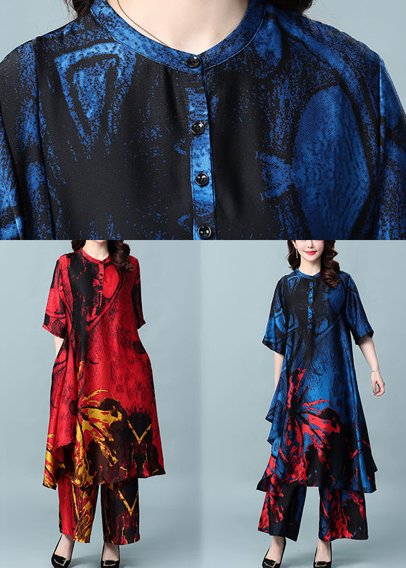 French Red Asymmetrical Design Print Silk Dress and Wide Leg Pants Two Pieces Set Summer