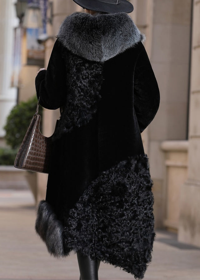 New Black Fox Collar Pockets Patchwork Leather and Fur Coats Winter