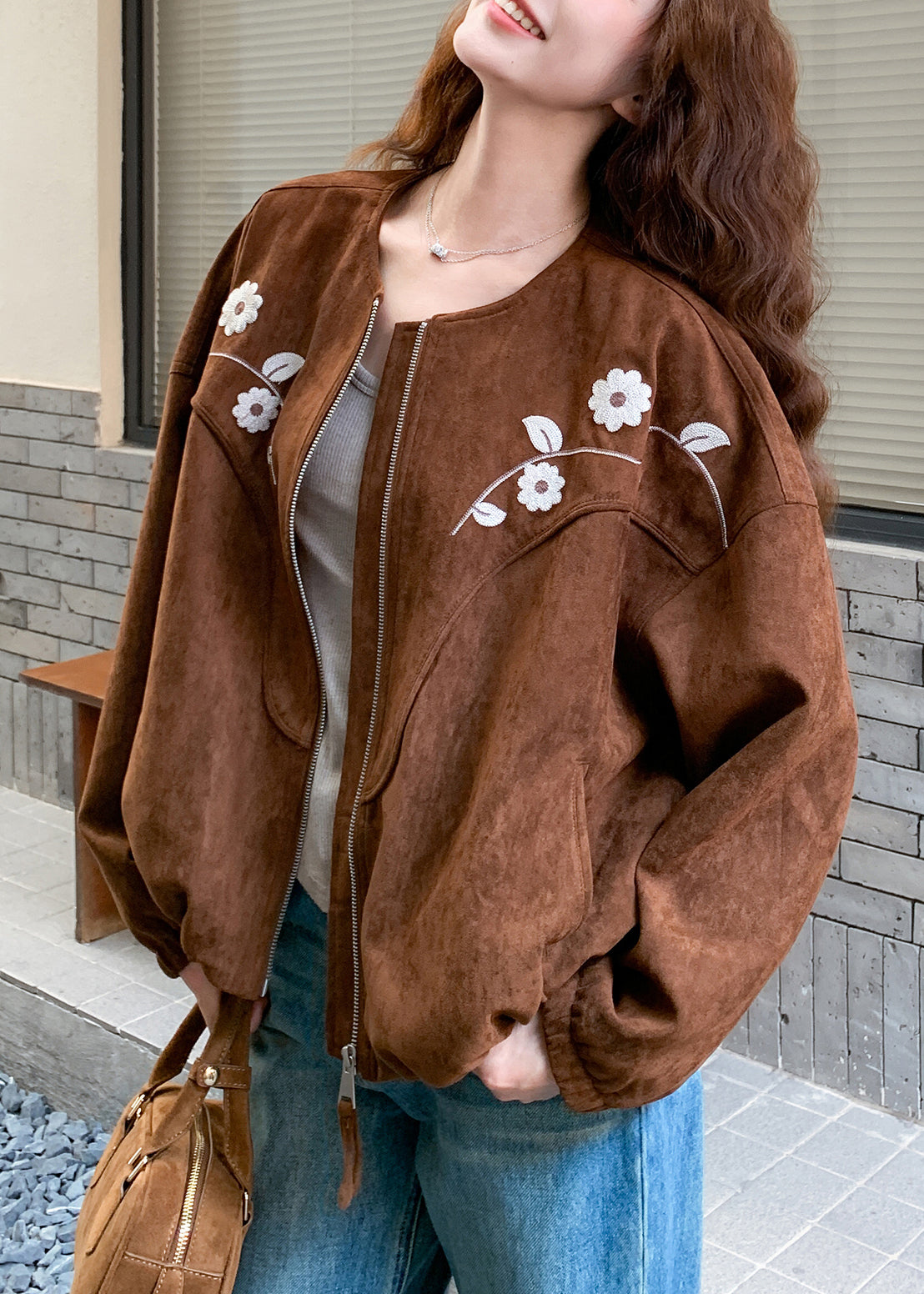 Brown Embroidered Faux Suede Jacket Fall