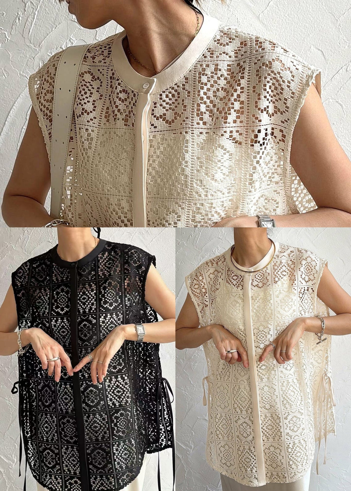 Black Oversized Hollow Out Lace Tops Sleeveless