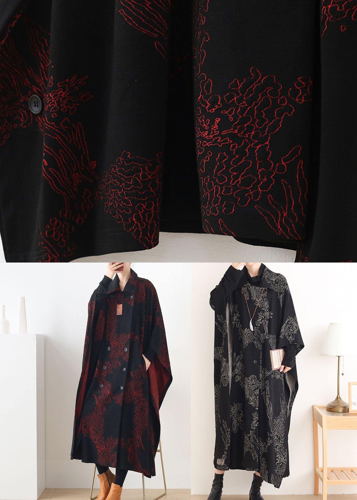 Black Print Peter Pan Collar Button Long Trench Coats