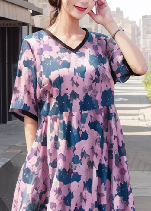 Loose Pink Print Pockets Silk Long Dress Summer