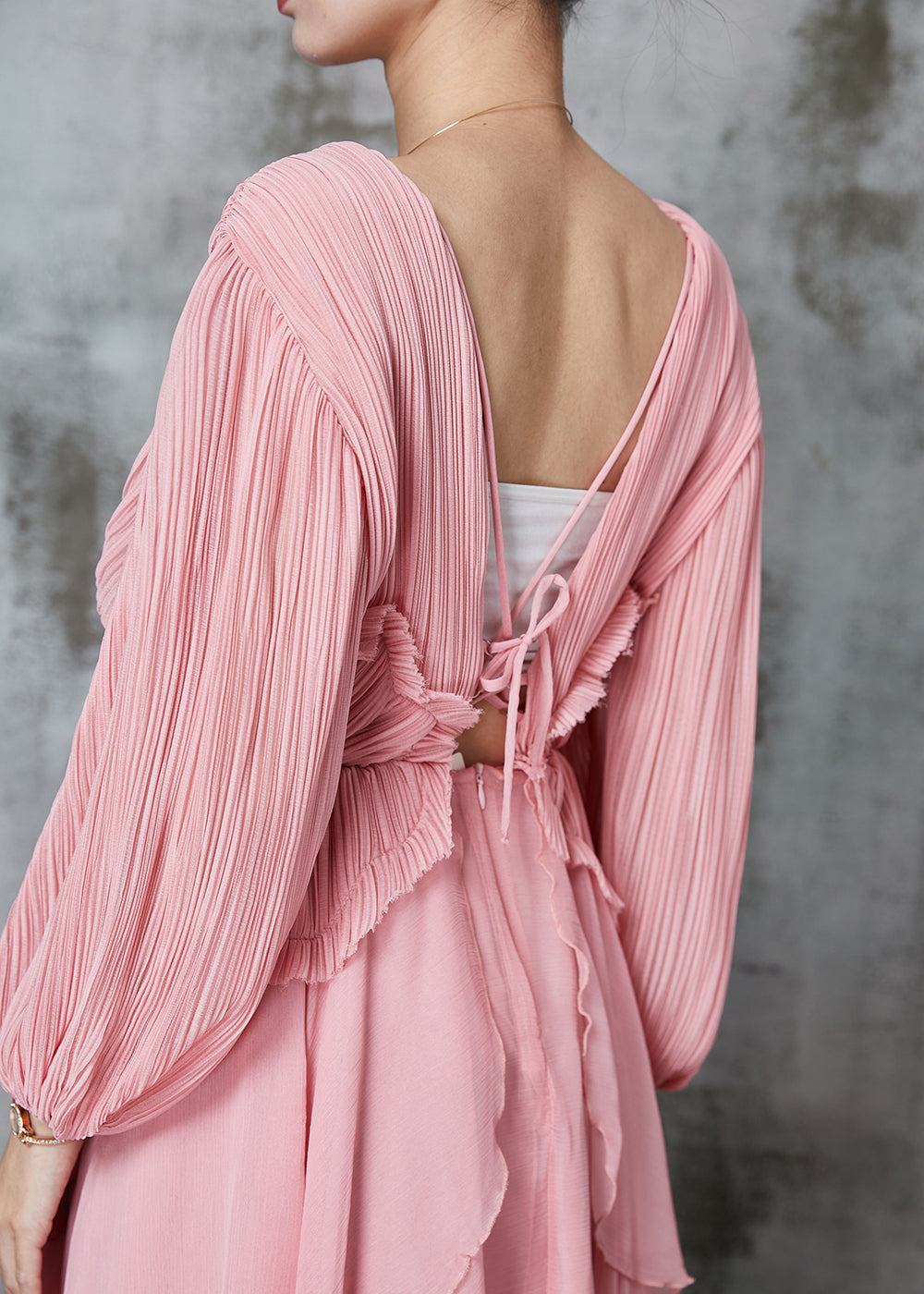 Pink Ruffled Wrinkled Chiffon Mid Dress Spring