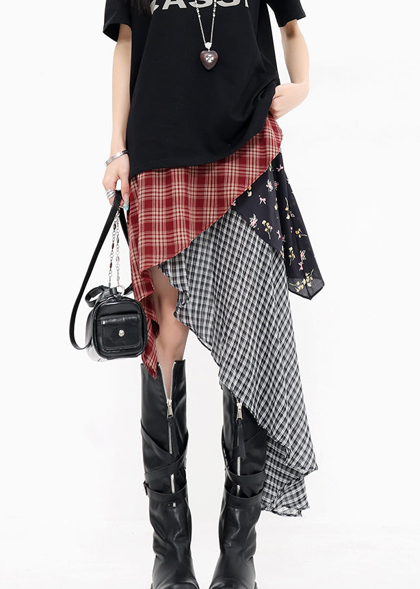 Red Asymmetrical Plaid Cotton Skirts Summer