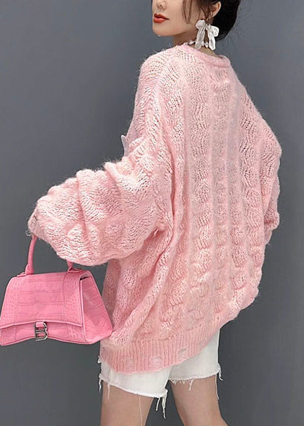 Pink Oversized Hollow Out Applique Knit Sweater Tops Winter