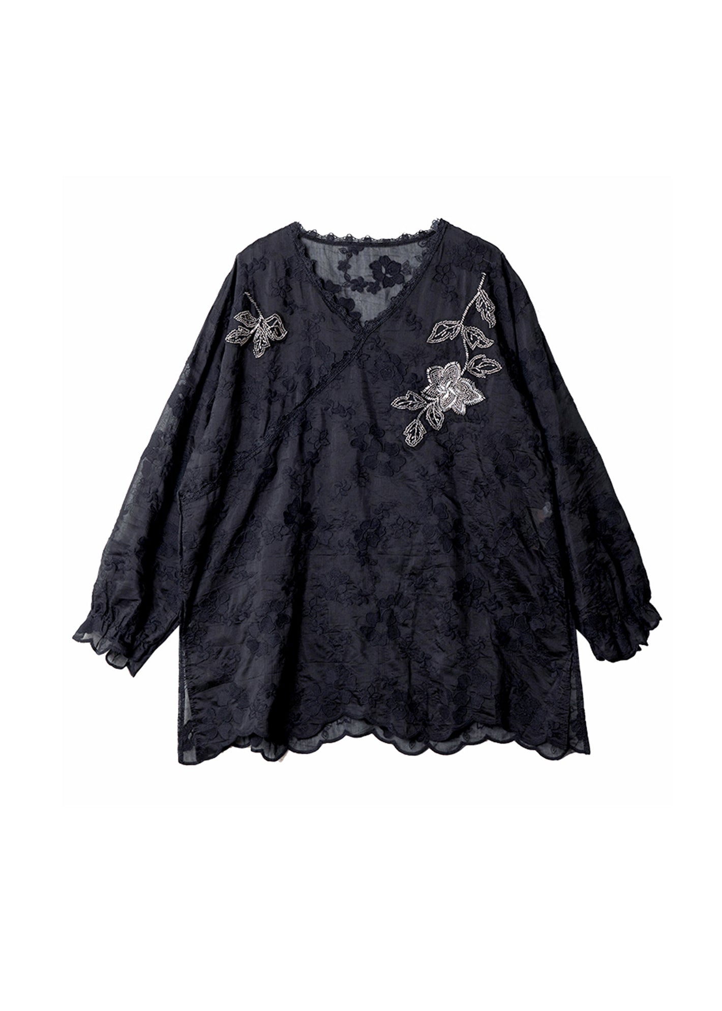 Stylish Black V Neck Embroidered Cotton Top Fall