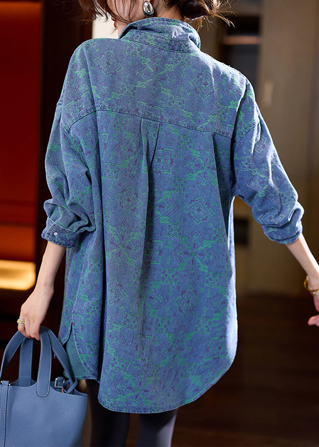 Natural Blue Peter Pan Collar Pockets Jacquard Denim Coat Fall