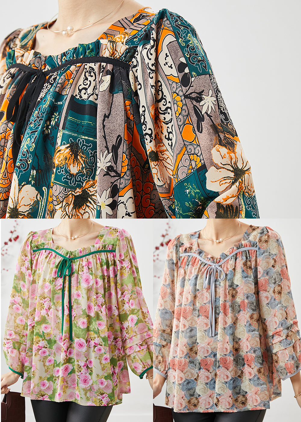 Apricot Square Collar Print Chiffon Top Bracelet Sleeve