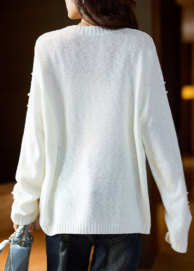 Stylish White O-neck Nail Bead Cotton Knit Sweater Spring