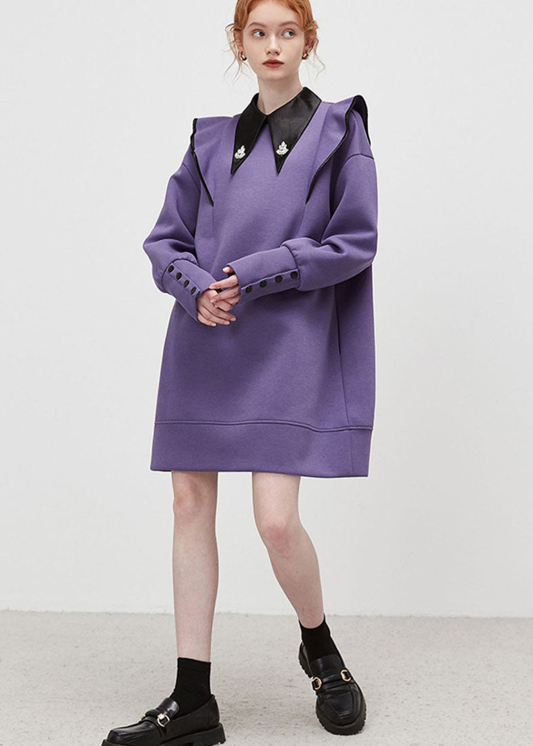 Purple Peter Pan Collar Patchwork Ruffled Cotton Dress Spring