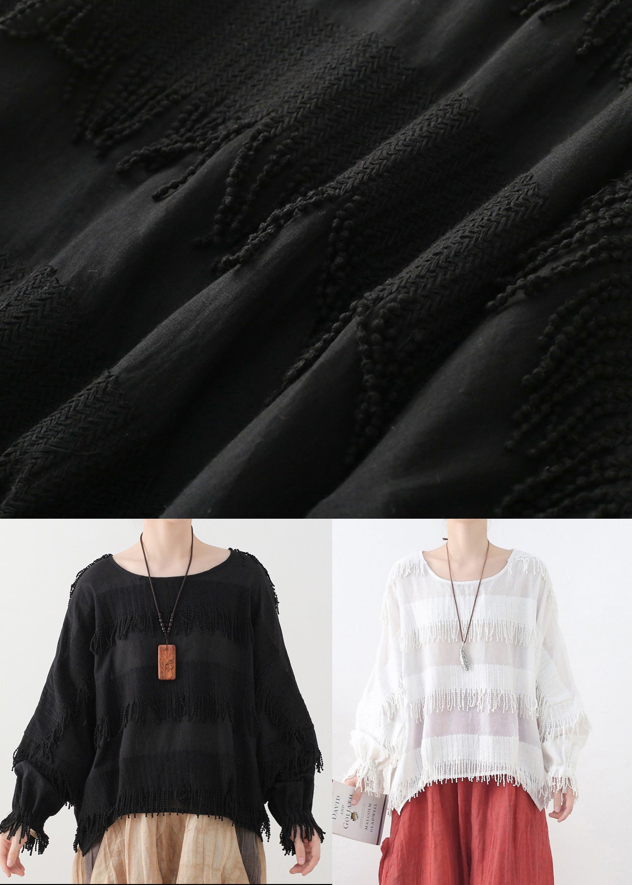 Black Original Design O-neck Cotton Tops Lantern Sleeve