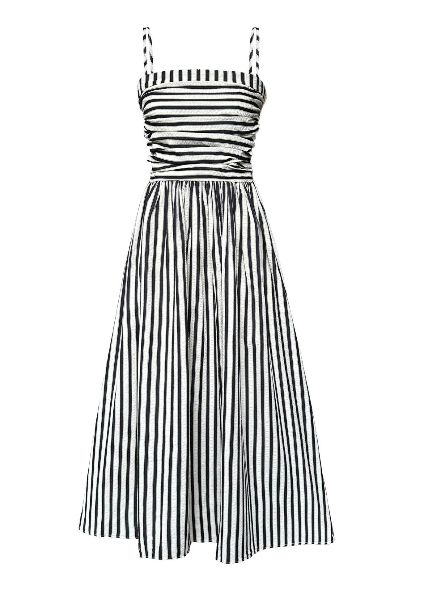 French Striped Cold Shoulder Wrinkled Spaghetti Strap Cotton Dress Summer