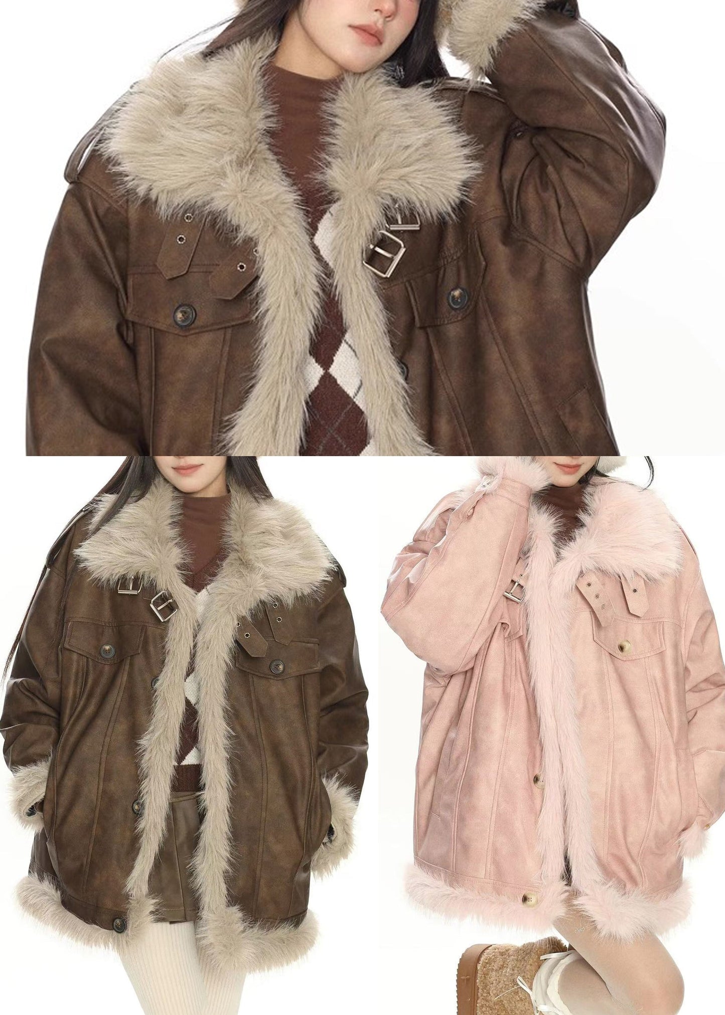 Pink Oversized Patchwork Warm Faux Leather Coat Winter