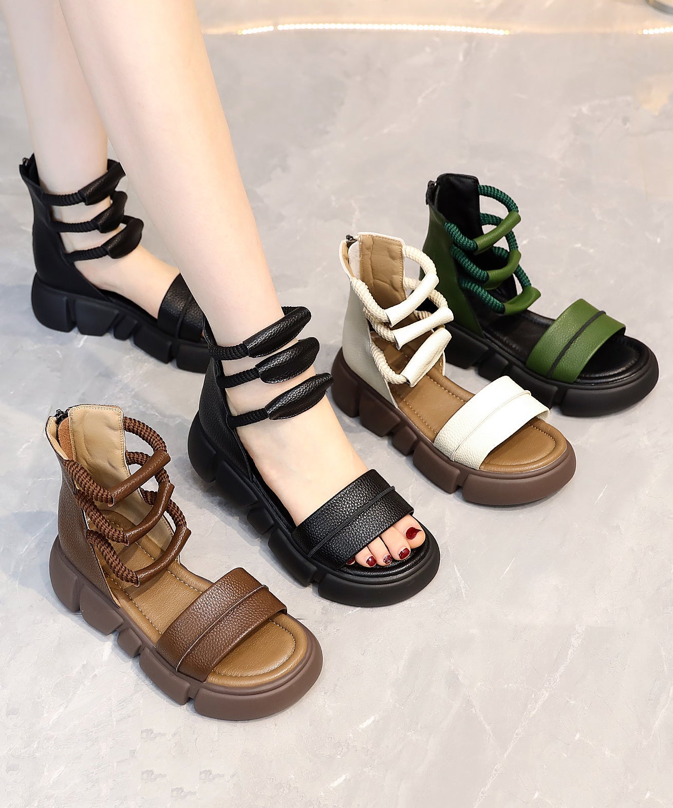 Brown Open Toe Platform Sole Roman Cool Boots