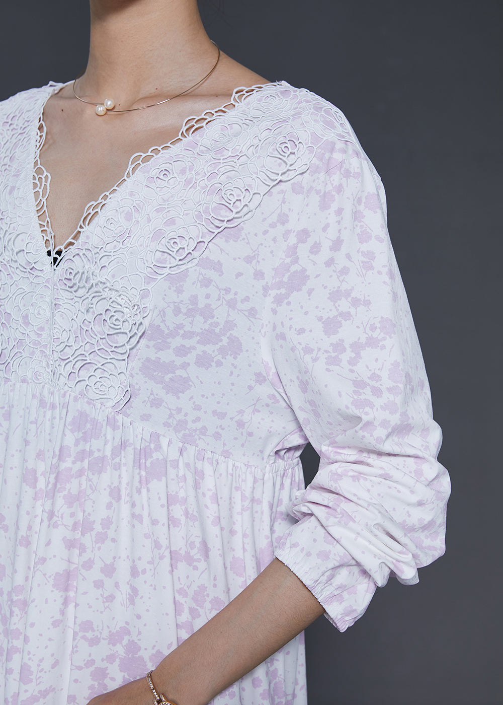 Light Purple V Neck Print Cotton Ankle Dress Spring