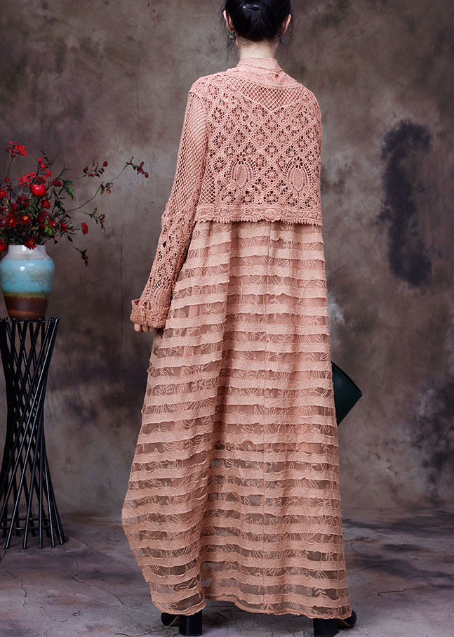 Khaki Hollow Out Side Open Dresses Two Pieces Set Spring