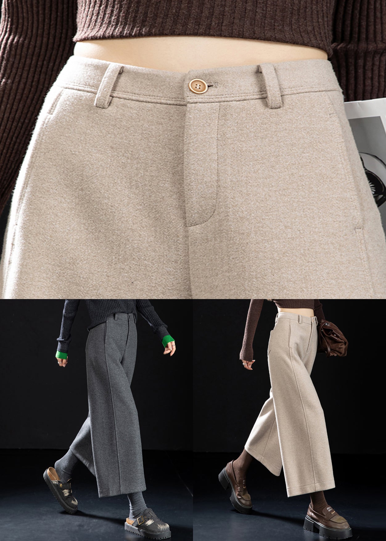 French Grey Button High Waist Woolen Crop Pants Winter