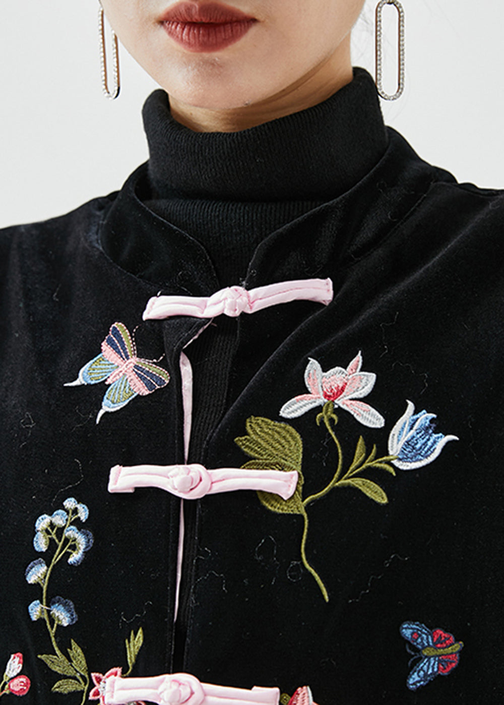 Black Embroideried Chinese Button Silk Velour Vest Fall