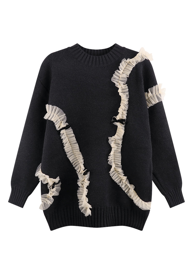 Organic Black O-neck Tulle Patchwork Thick Knit Sweaters Fall
