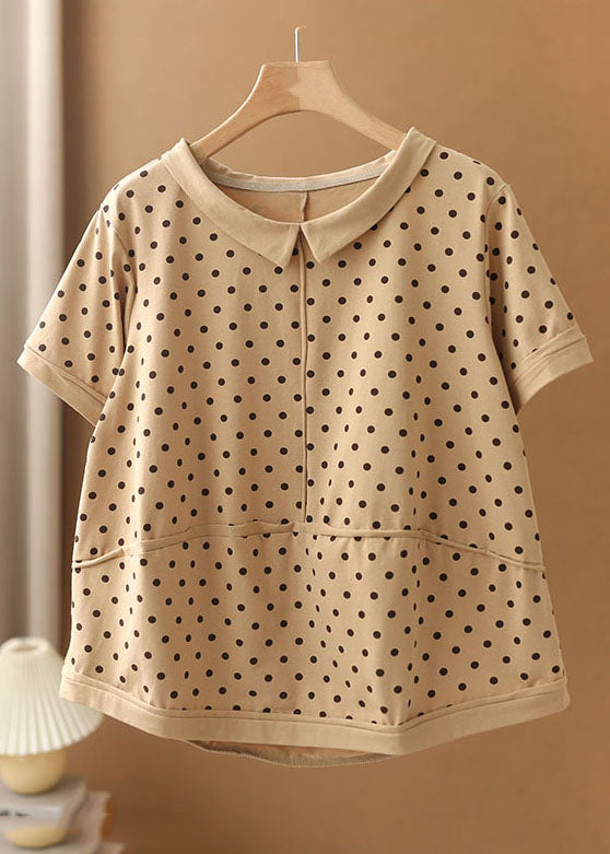 Apricot Turn-down Collar Patchwork Dot Print Cotton Shirts Short Sleeve