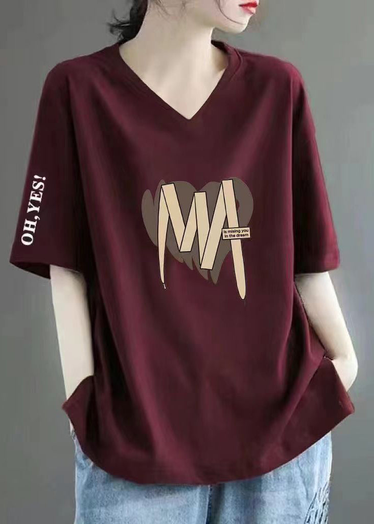 Wine Red V Neck Print Cotton T Shirts Summer