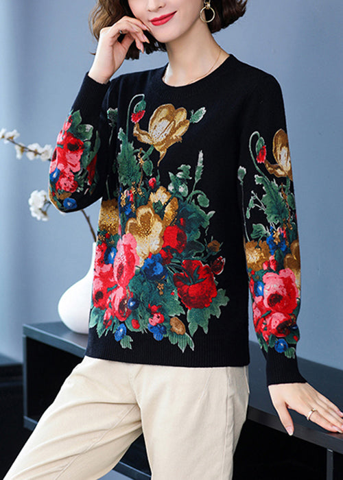 Black O Neck Print Wool Knit Sweater Long Sleeve