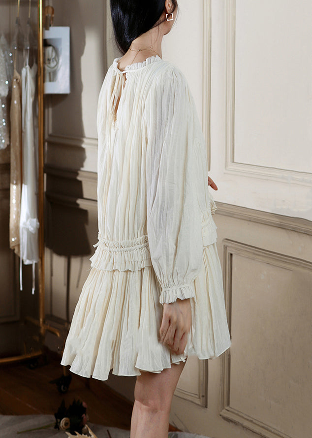 Apricot Wrinkled Lace Up Silk Cotton Mini Dress Fall
