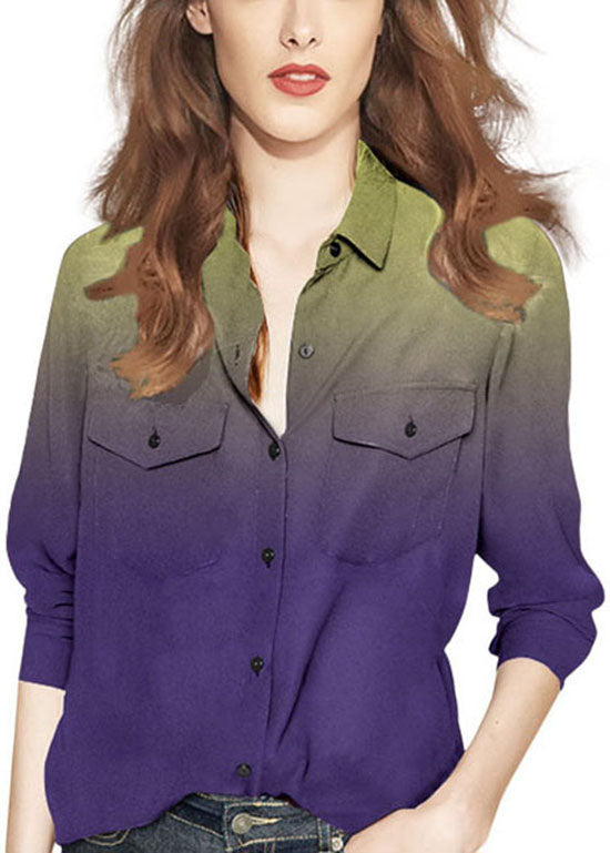 Boutique Purple Gradient Color Button Peter Pan Collar Shirt Top Long Sleeve