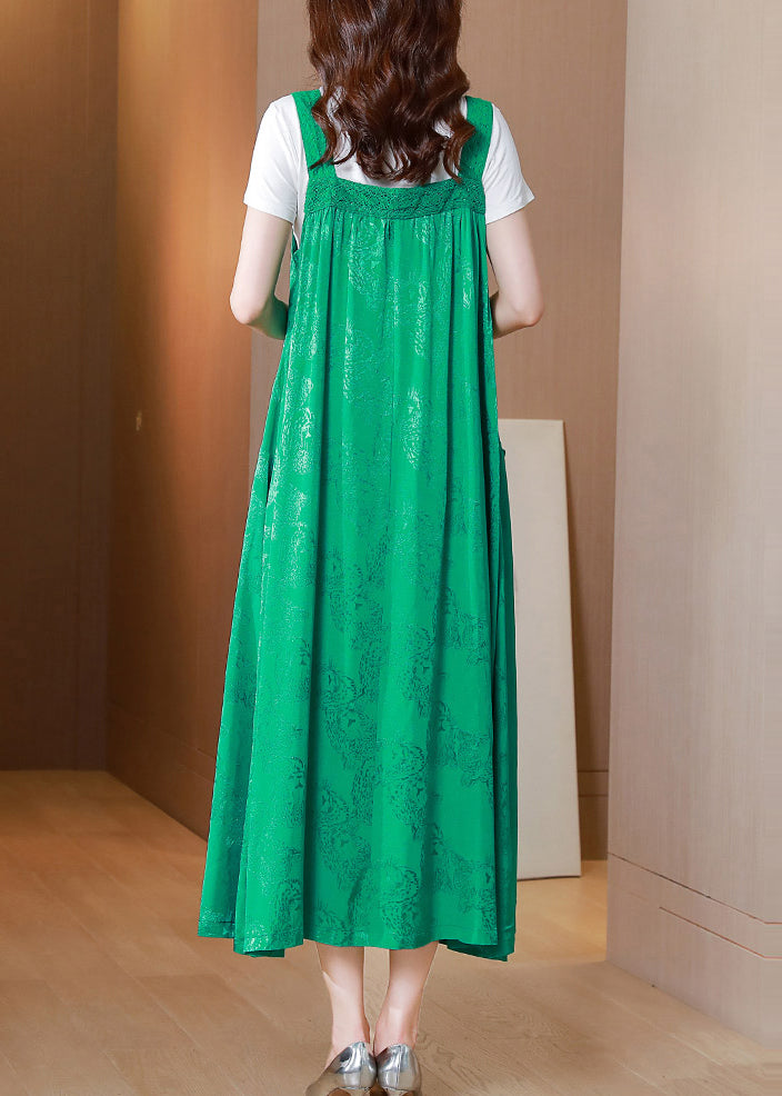 Stylish Green Jacquard Spaghetti Strap Dress Silk Two Pieces Set Summer