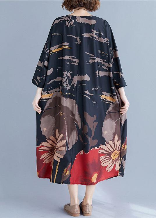 French Navy O-neck Print Summer Loose Dresses Half Sleeve