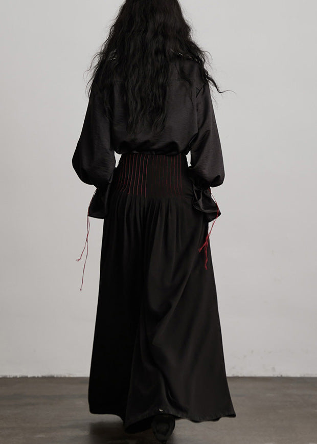 Black Peter Pan Collar Drawstring Patchwork Silk Blouses Fall
