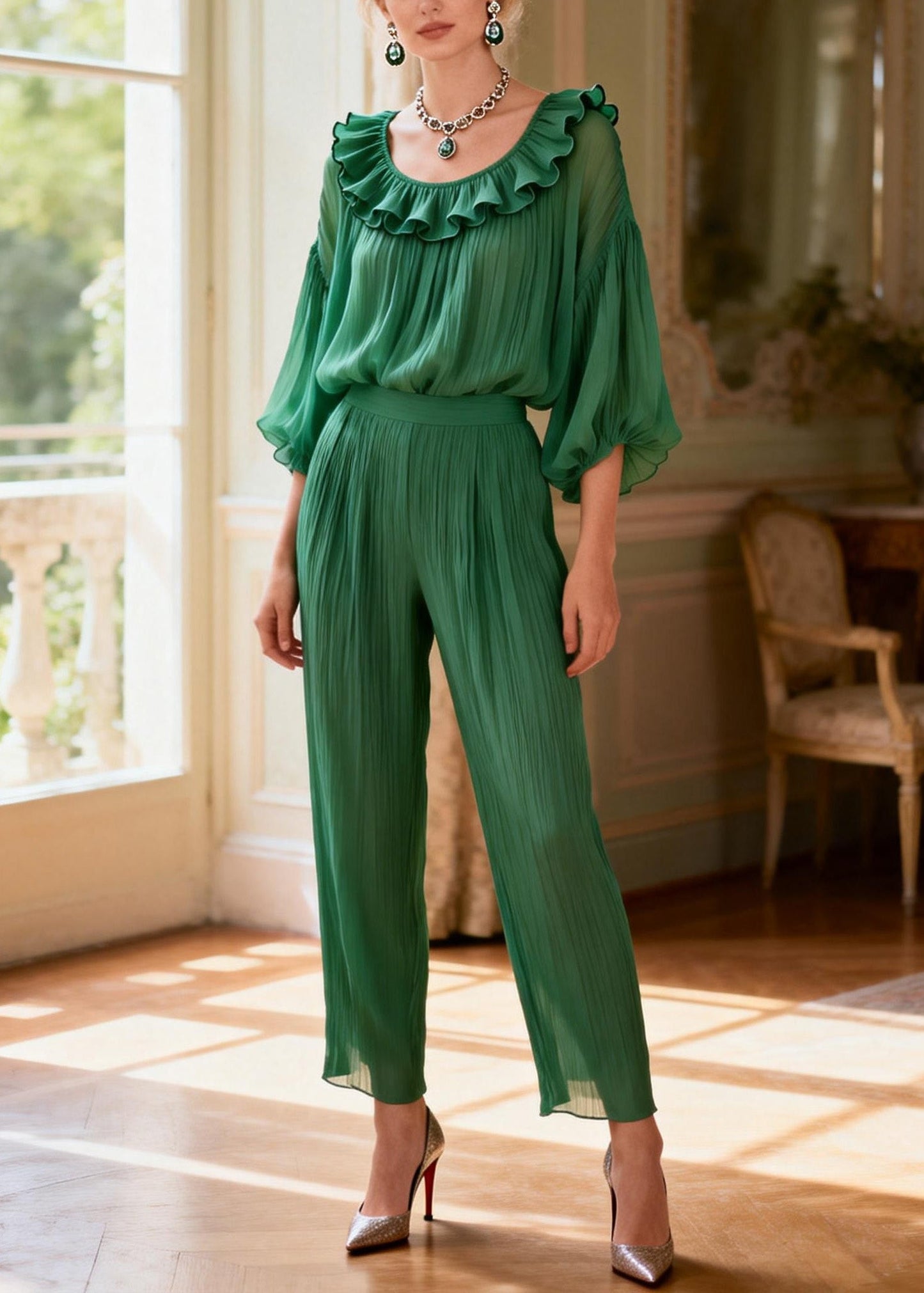 Green Ruffled Patchwork Silk Two Pieces Set Summer