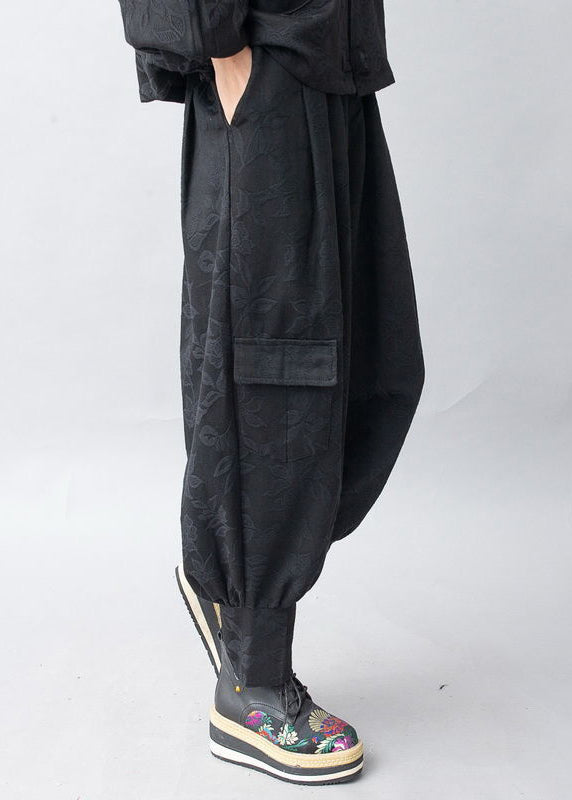 Jacquard Black Hooded Coats and Pants Two Pieces Set Fall