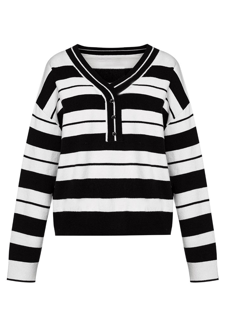 Black White Striped V Neck Cotton Knit Sweater Fall