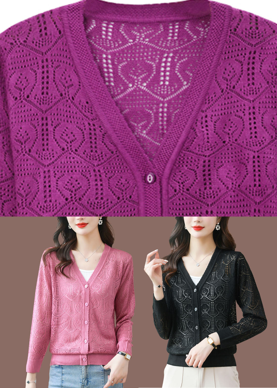 Black V Neck Ice Size Knit Cardigans Summer