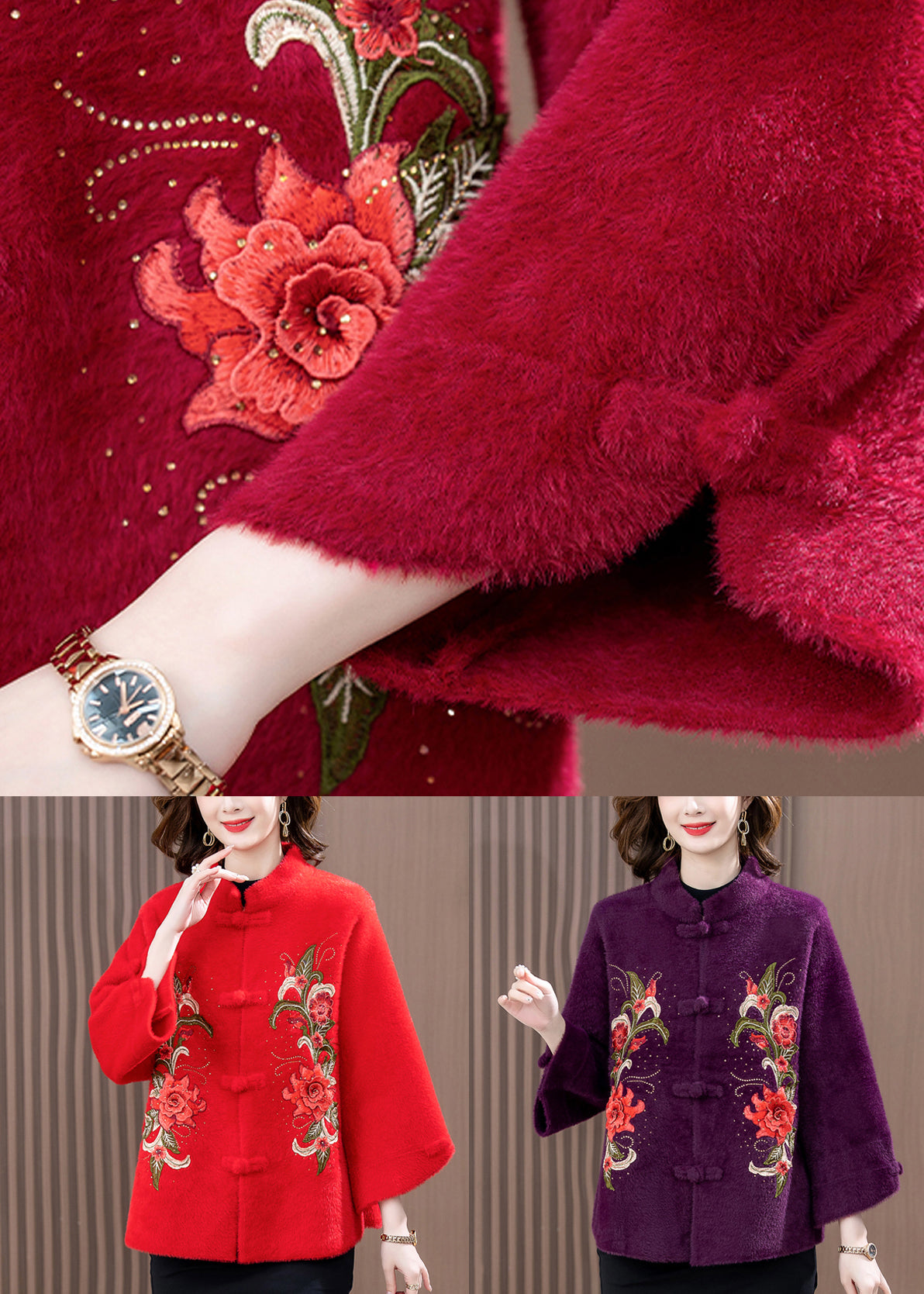 Red Print Patchwork Mink Velvet Woolen Coat Spring