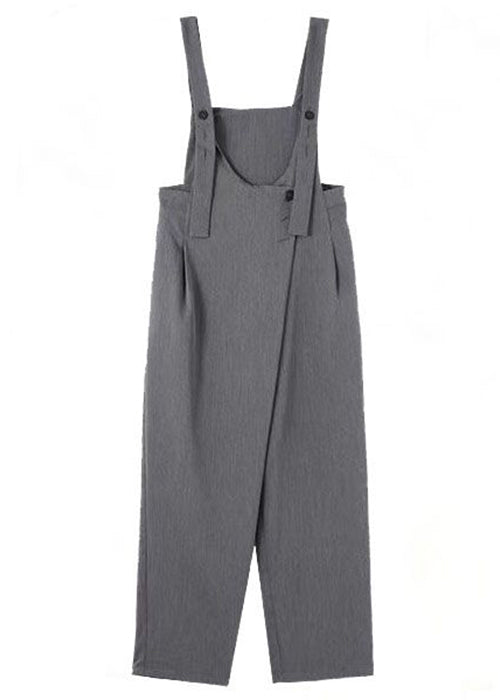 Grey Pockets High Waist Patchwork Cotton Jumpsuits Fall