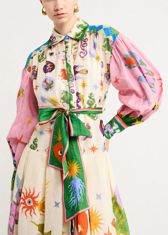Loose Pink Print Tie Waist Cotton Shirts Dresses Long Sleeve Fall