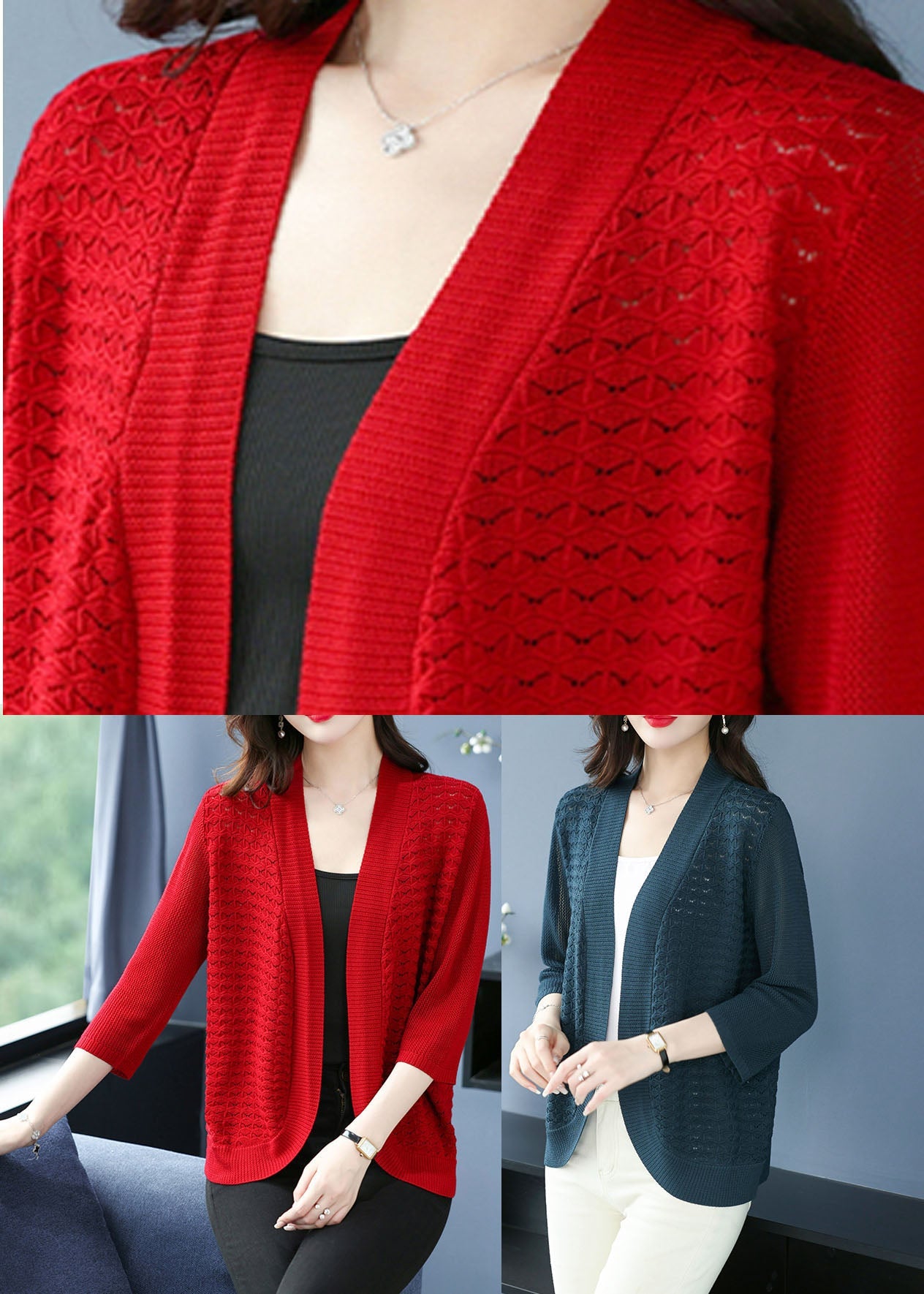 Sea Blue V Neck Patchwork Ice Size Knit Cardigan Bracelet Sleeve