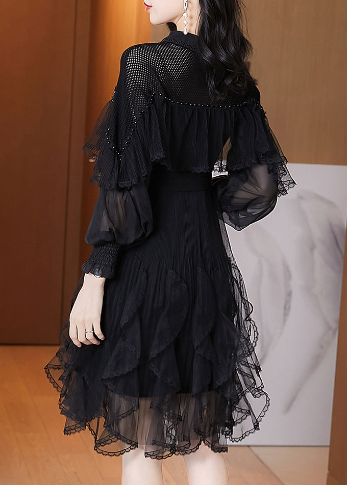 French Black Ruffled Asymmetrical Patchwork Tulle Dress Spring