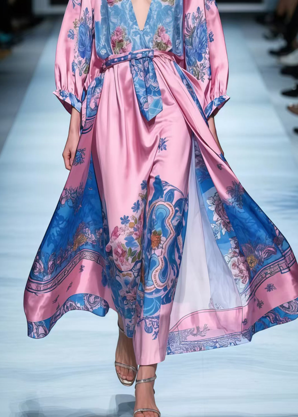 Rose V Neck Print Silk Maxi Dresses Spring