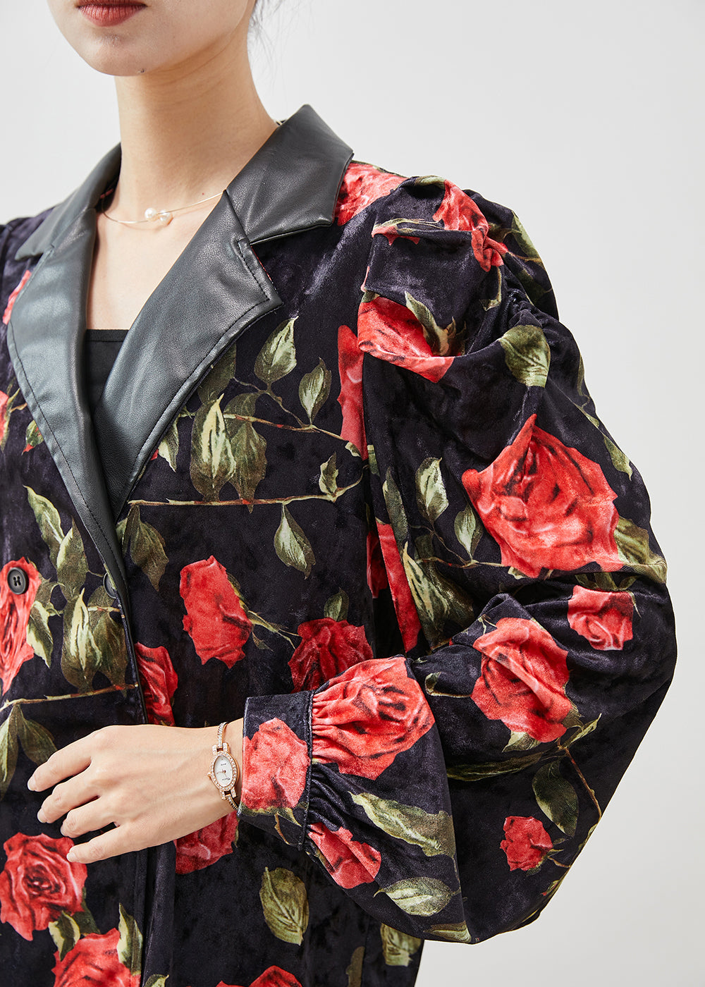 French Black Double Breast Velour Coats Puff Sleeve