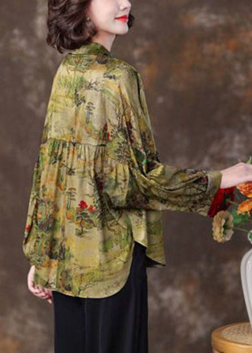 Green Peter Pan Collar Patchwork Print Silk Blouse Top Spring