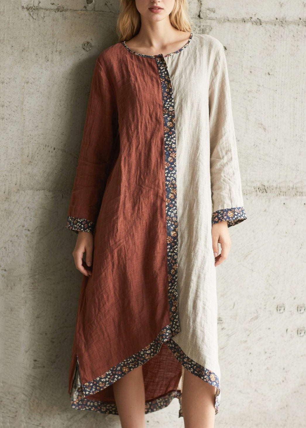 Colorblock Asymmetrical Patchwork Cotton Maxi Dresses Spring