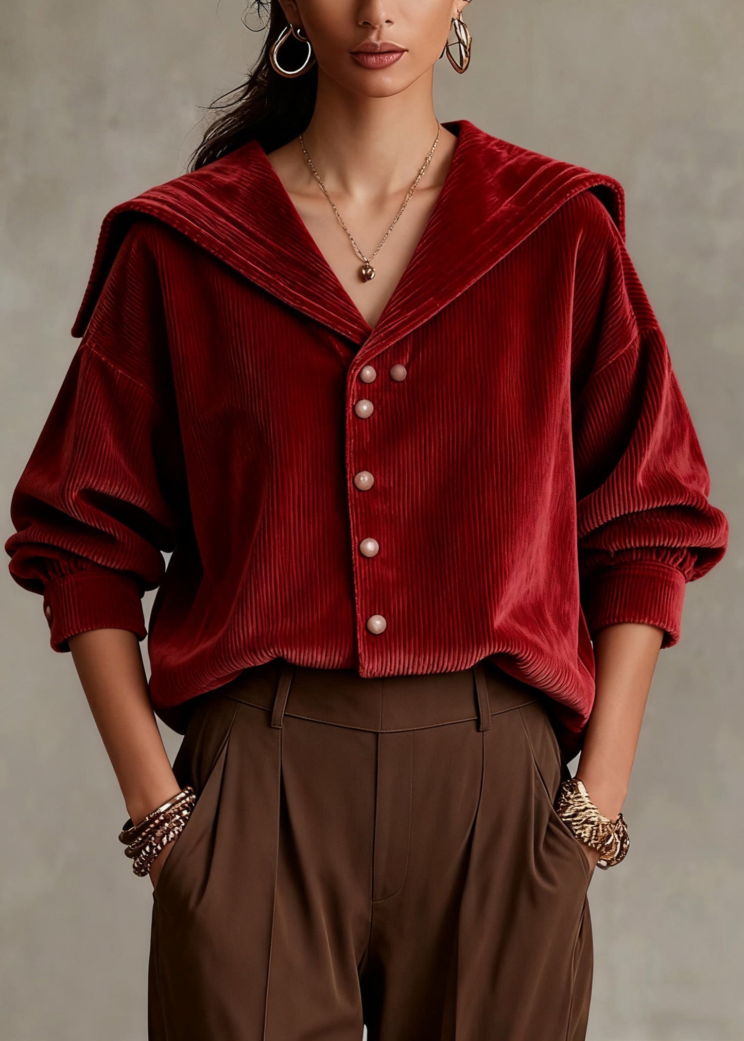 Red Sailor Collar Button Corduroy Shirts Spring