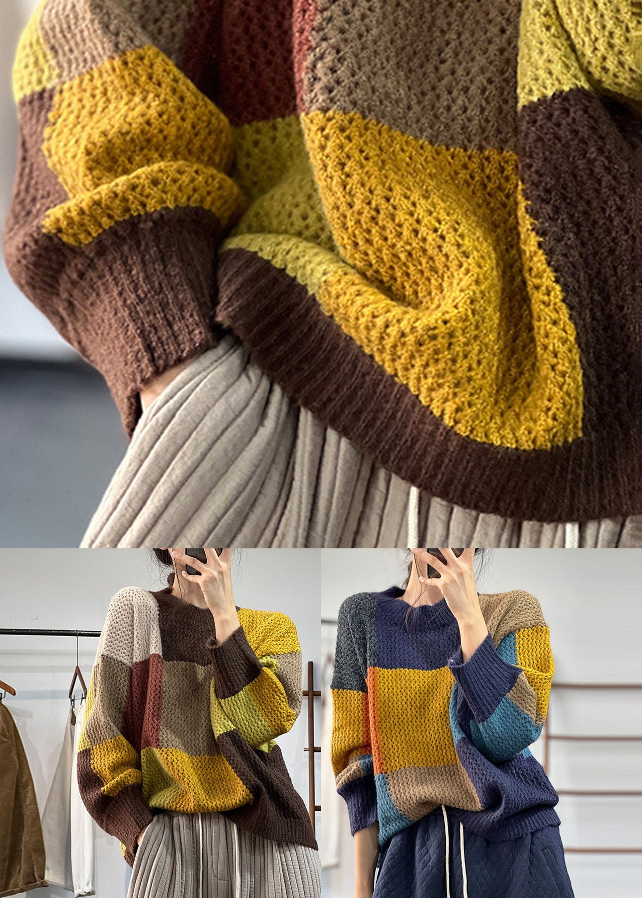 Boutique Khaki O-neck Thick Patchwork Knit Sweater Winter