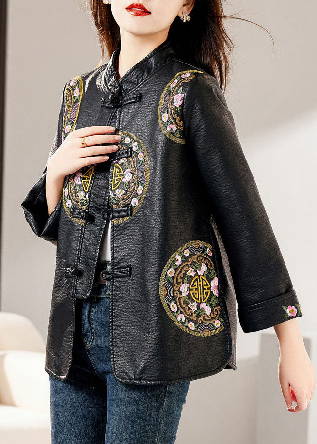 Black Stand Collar Embroideried Button Faux Leather Coats Fall