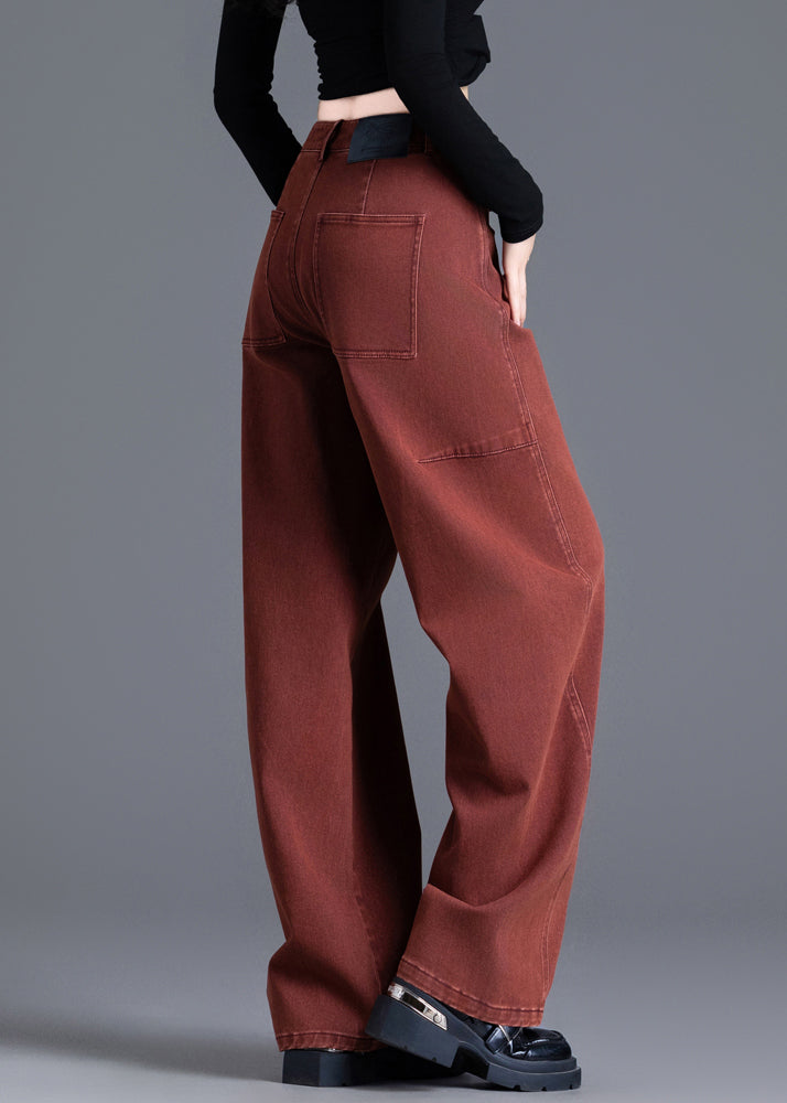 Red Pockets High Waist Denim Wide Leg Pants Spring