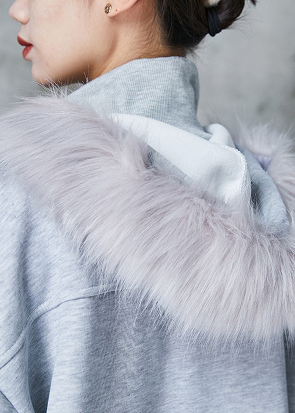 Grey Hooded Pockets Warm Fleece Sweatshirt Coats Spring